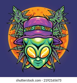 Cabeza divertida Alien con ilustraciones vectoriales de hoja de cannabis para el logo de tu trabajo, camiseta de mercadería, pegatinas y diseños de etiquetas, afiche, tarjetas de felicitación compañía comercial o marcas