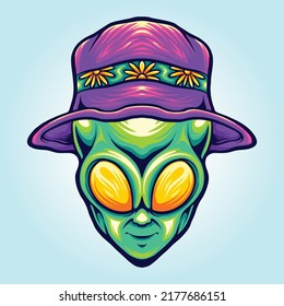Funky alien head with summer beach hat vector illustrations for your work logo, merchandise t-shirt, stickers and label designs, poster, greeting cards advertising business company or brands