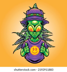 Funky alien smile emoticons with weed leaf vector illustrations for your work logo, merchandise t-shirt, stickers and label designs, poster, greeting cards advertising business company or brands