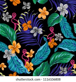 Funky aloha pattern. Seamless design with glowing neon flamingo, and tropical flowers and leaves. Dark background with juicy leaves. Editable vector pattern