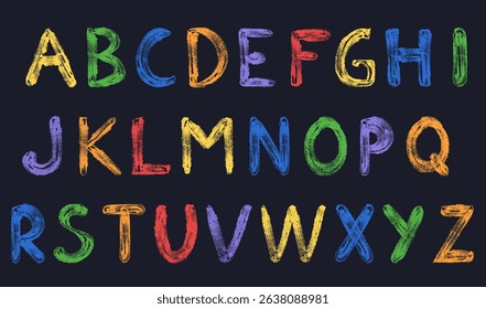 Funky Alphabet chalk shapes. Doodle crayon, contemporary figures, primitive letter. Kids drawing abc.Vector illustrations