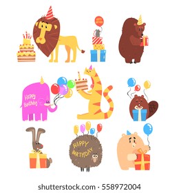 Funky Animals With Party Attributes At The Kids Happy Birthday Celebration Collection Of Cartoon Fauna Characters