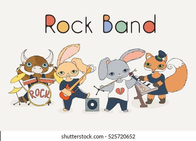 Funky animals rock band. Cute children music illustration. Vector image.