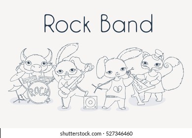 Funky animals rock band. Cute children music illustration. Vector image. Coloring page