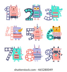 Funky Animals Standing Next To Digits Sticker Set. Stylized Colorful Flat Vector Illustrations For Kids On White Background,