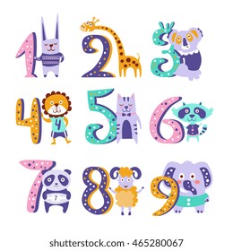 Funky Animals Standing Next To Digits Sticker Set. Stylized Colorful Flat Vector Illustrations For Kids On White Background,