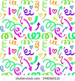 Funky arrow, heart and Spiral Seamless Pattern. Vector Illustration for wallpaper, pattern fills, textile, web page background, surface textures.