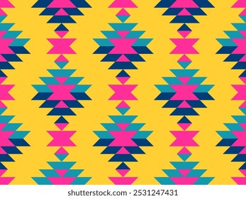 Funky Aztec diamonds bold pink yellow Vector Pattern. Colorful tribal geometrics in neon colors, yellow, pink, teal, blue seamless pattern.