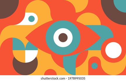 Funky background in bauhaus style with eye, curves and circles, retro poster with geometric shapes in style of 80s, fashion vector minimal pattern.