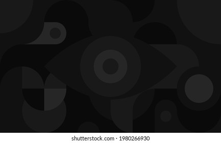 Funky background in bauhaus style with eye, curves and circles, retro poster with geometric shapes in style of 80s, fashion vector minimal pattern.