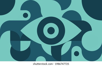 Funky background in bauhaus style with eye, curves and circles, retro poster with geometric shapes in style of 80s, fashion vector minimal pattern.