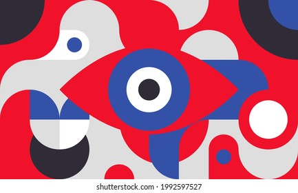 Funky background in bauhaus style with eye, curves and circles, retro poster with geometric shapes in style of 80s, fashion vector minimal pattern.