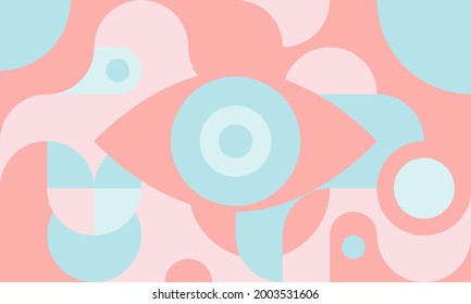 Funky background in bauhaus style with eye, curves and circles, retro poster with geometric shapes in style of 80s, fashion vector minimal pattern.