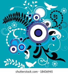 funky background with circles leaves coils birds