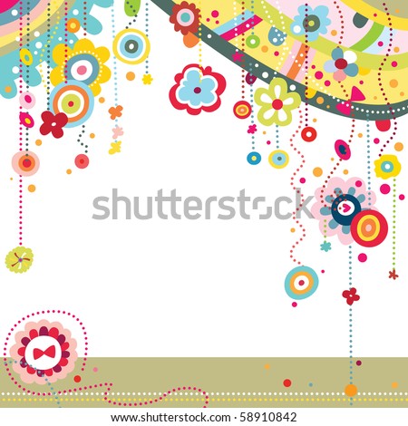 Funky background with colorful shapes and flowers.