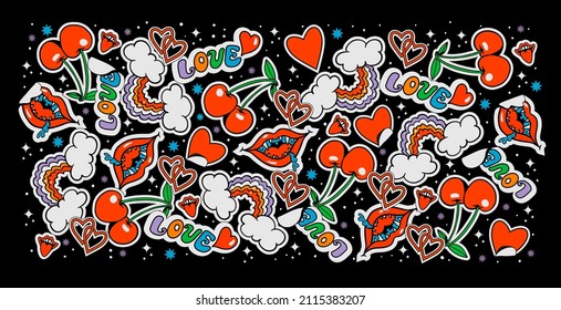 funky background on st. valentine day with stickers heart, cherries, mouth, rainbow