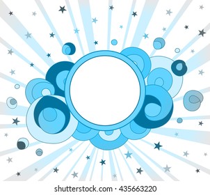 Funky  Background with Stars and Circle. Blue and white colors. Abstract vector background. Template frame for greeting cards, invitations, gift, banners