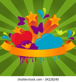 Funky Banner on sunburst background. Vector illustration.
