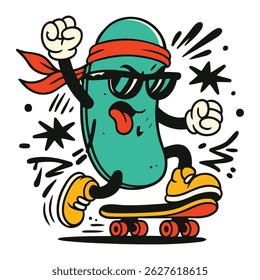Funky bean illustrated friend wearing sunglasses and a red bandana, skateboarding with an energetic pose. Great for youth culture, streetwear branding, and fun urban designs.