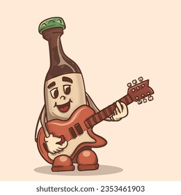 funky beer mascot with face playing guitar. retro style illustration. 