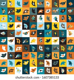 Funky bird mosaic vector seamless pattern. Hand drawn playfull birdies colorful background. Trendy colorful gender neutral kid decorative scrapbook paper. Children cute animal all over print. 