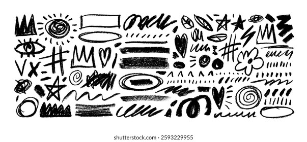 Funky black crayon drawn lines, shapes, doodles and scribbles. Hand drawn vector pencil lines and childish doodles. Creative cute shapes and strokes for notes, cards and graphic design.