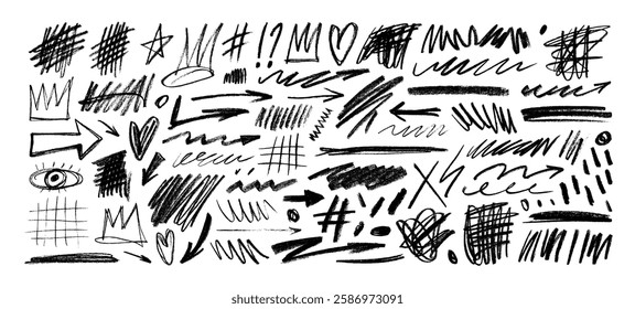 Funky black crayon drawn squiggles, scribbles and doodle shapes. Hand drawn vector childish elements like crowns, hearts, stars, grids and various scrawls. Rough crayon or pencil strokes.