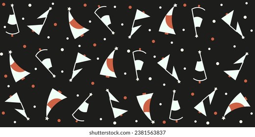 Funky black Design Christmas wrapping paper with Geometric Christmas tree. Trendy xmas wrap, textile, wallpaper print with Geometrical modern Spruce. Vector illustration. Seamless pattern with pine