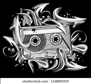 Funky black and white audio cassette and graffiti arrows