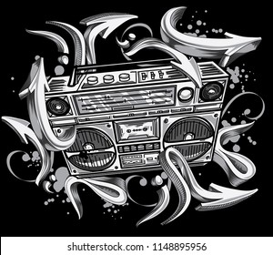 Funky black and white boom box and graffiti arrows