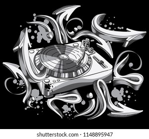 Funky black and white turntable and graffiti arrows