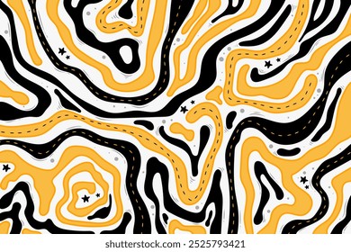 Funky black and yellow retro wavy shapes. Colorful abstract curvy lines for a trendy design backdrop. Geometric art.