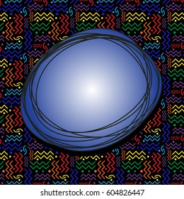 A funky blue speech bubble over a seamless rainbow Memphis style design on black.  Vector EPS-10 file, transparency used. 