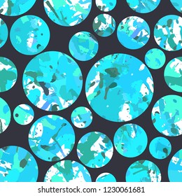 Funky blue splatter paint seamless pattern, abstract vector background. Вesign wallpaper for textile, fabric, wrapping paper. Black circles overlay.