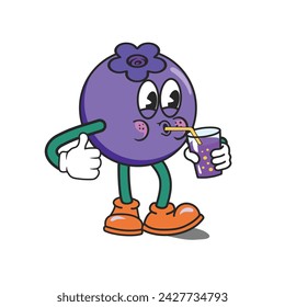 Funky Blueberry cartoon character, drinking juice, giving thumb up. Berry mascot wearing glove and shoes. Blueberry Groovy Retro cartoon characters for icon, mascot, logo, label, poster, banner, print