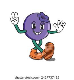 Funky Blueberry cartoon character, peace hand, smiling expression. Berry mascot wearing glove and shoes. Blueberry Groovy Retro cartoon characters for icon, mascot, logo, label, poster, banner, print