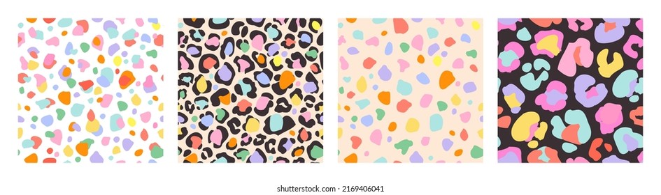 Funky bold geometric background set in fun rainbow colors. Colorful organic spots, dots, blobs texture, animal print seamless pattern collection. Vector illustration for wrapping paper, fabric design
