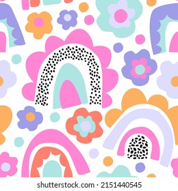 Funky bold rainbow print in bright colors. Abstract daisy flower, minimal doodle rainbows seamless pattern. Decorative kids background. Vector art illustration for wrapping, textile, fabric, wallpaper