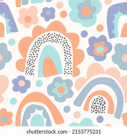 Funky bold rainbow print in pastel colors. Abstract daisy flower, minimal doodle rainbows seamless pattern. Decorative kids background. Vector art illustration for wrapping, textile, fabric, wallpaper