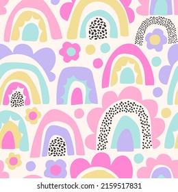 Funky bold rainbow print in pastel colors. Abstract daisy flower, minimal doodle rainbows seamless pattern. Decorative kids background. Vector art illustration for wrapping, textile, fabric, wallpaper