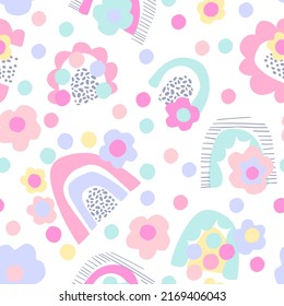 Funky bold rainbow print in pastel colors. Abstract daisy flower, minimal doodle rainbows seamless pattern. Decorative kids background. Vector art illustration for wrapping, textile, fabric, wallpaper