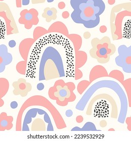 Impresión arcoíris en negritas y divertidas en colores pastel. Flor de margarita abstracta, el doodle mínimo rainbows un patrón sin fisuras. El entorno de los niños decorativos. Ilustración vectorial para envoltura, textil, tela, papel tapizado