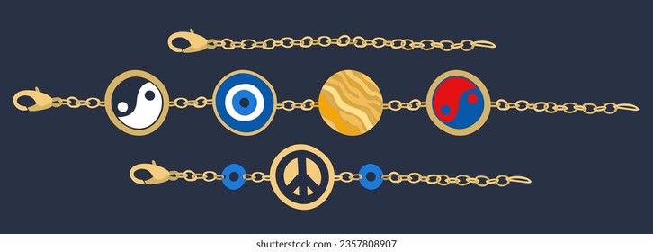 Funky bracelets. Golden chains with beads. Yin-yang, evil eye, pacific sign. Vector set.