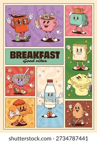 Funky breakfast groovy characters collage poster. Cartoon vector smiling hippie morning food personages as coffee mug, tea cup, toast, cereal and milk, butter, croissant and egg retro funky y2k meals