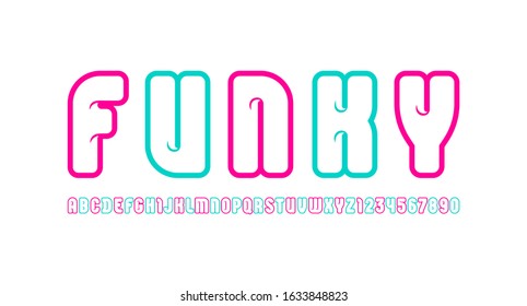 Funky bright font, alphabet in the cartoon style, multicolored bright rounded letters and numbers for you design cafeteria or kids play zone, vector illustration
