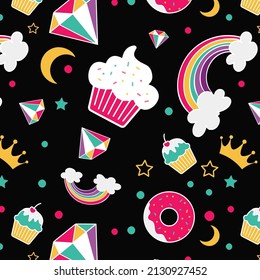 Funky bright pattern with cupcake, rainbow, crown, diamonds and stars.