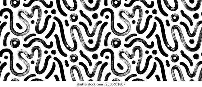 Funky brush drawn bold squiggles seamless pattern. Hand drawn abstract organic geometric seamless banner design. Various basic bold curly lines and circle shapes. Vector ink illustration.