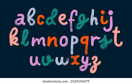 Escova funky desenhou letras minúsculas coloridas. Tipografia de estilo infantil com letras cursivas e textura áspera. Fonte tipográfica angustiada com traços de pincel seco. Alfabeto Grunge para colagens e design