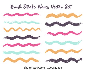 Funky brush stroke waves vector set. Hand drawn pink blue grey brushstrokes, ink splashes, watercolor splats, hand painted curls. Interior colors guide book elements. Textured waves, stripes design.