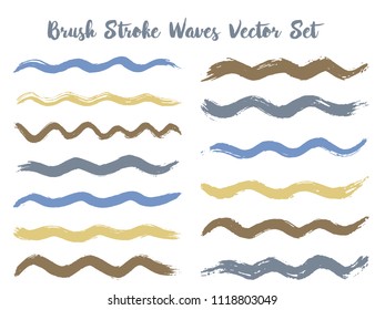 Funky brush stroke waves vector set. Hand drawn blue brushstrokes, ink splashes, watercolor splats, hand painted curls. Interior colors guide book samples. Summer design paint brush curves.